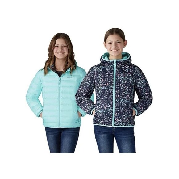 Eddie Bauer REVERSIBLE Soft Aqua Navy Down Winter Puffer Jacket Girls Size 14/16 - Picture 1 of 11